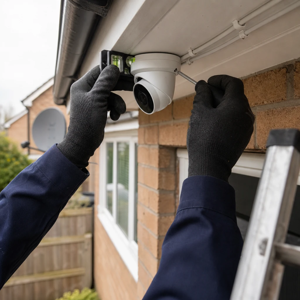Gloved hands adjust a CCTV camera under house eaves to face the driveway responsibly.