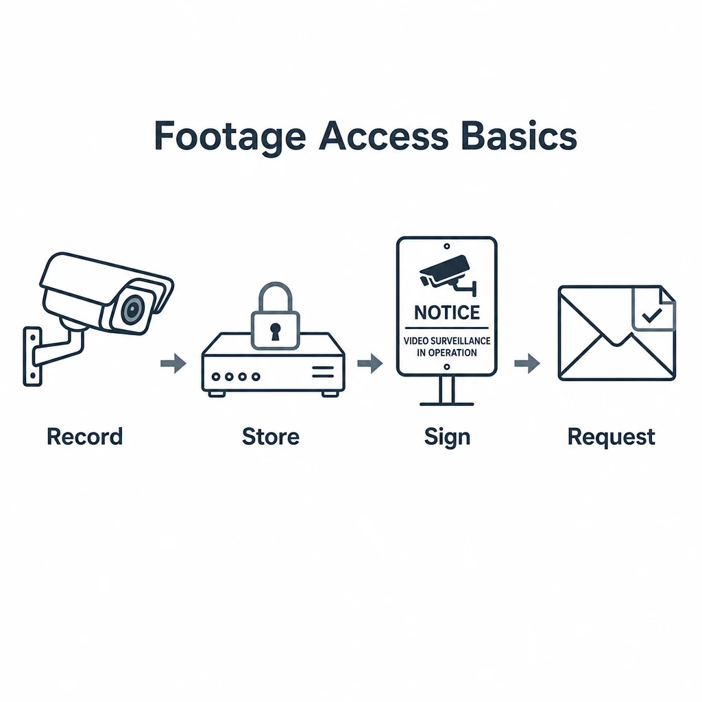 Graphic outlining CCTV recording, storage, signage and access request basics.