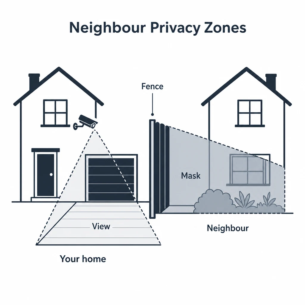 Graphic showing CCTV view zones and privacy masking between neighbouring homes.
