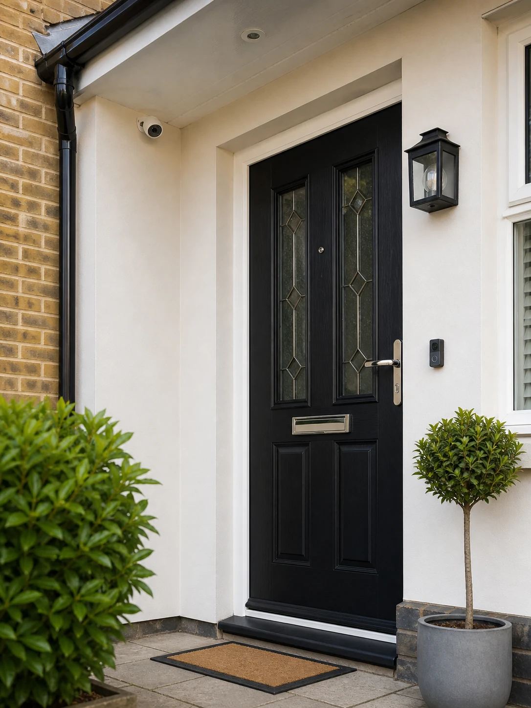 CCTV camera positioned above a front door porch