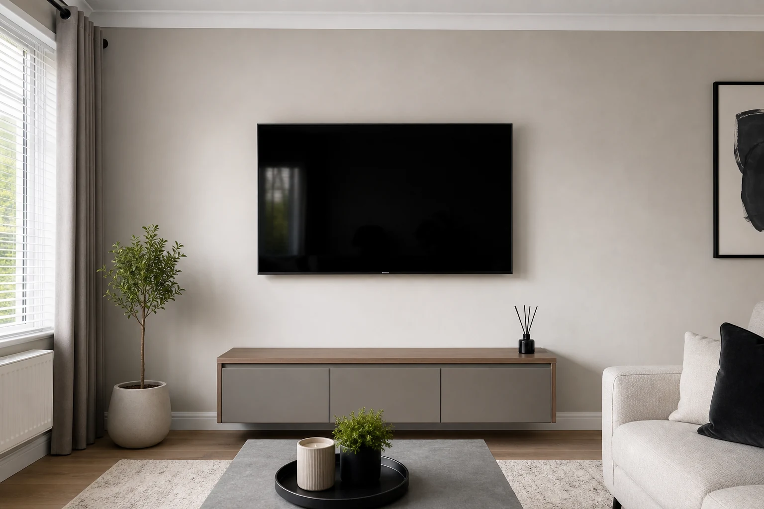 Clean wall-mounted TV installation with hidden cables in a tidy living room