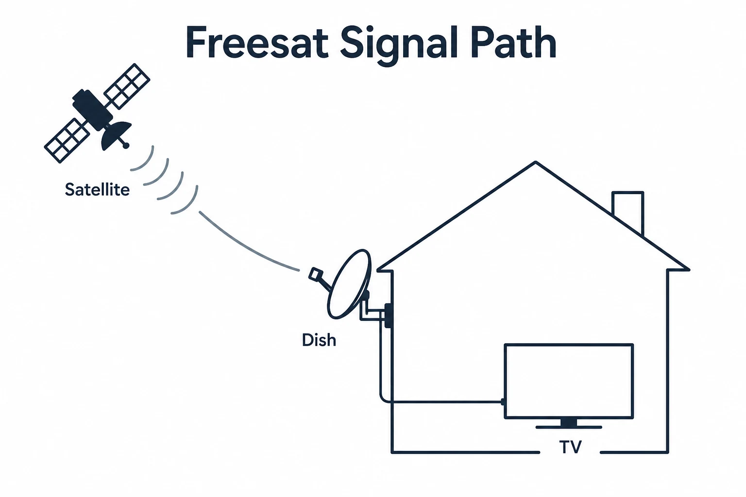Graphic showing a Freesat signal travelling from satellite to dish to TV