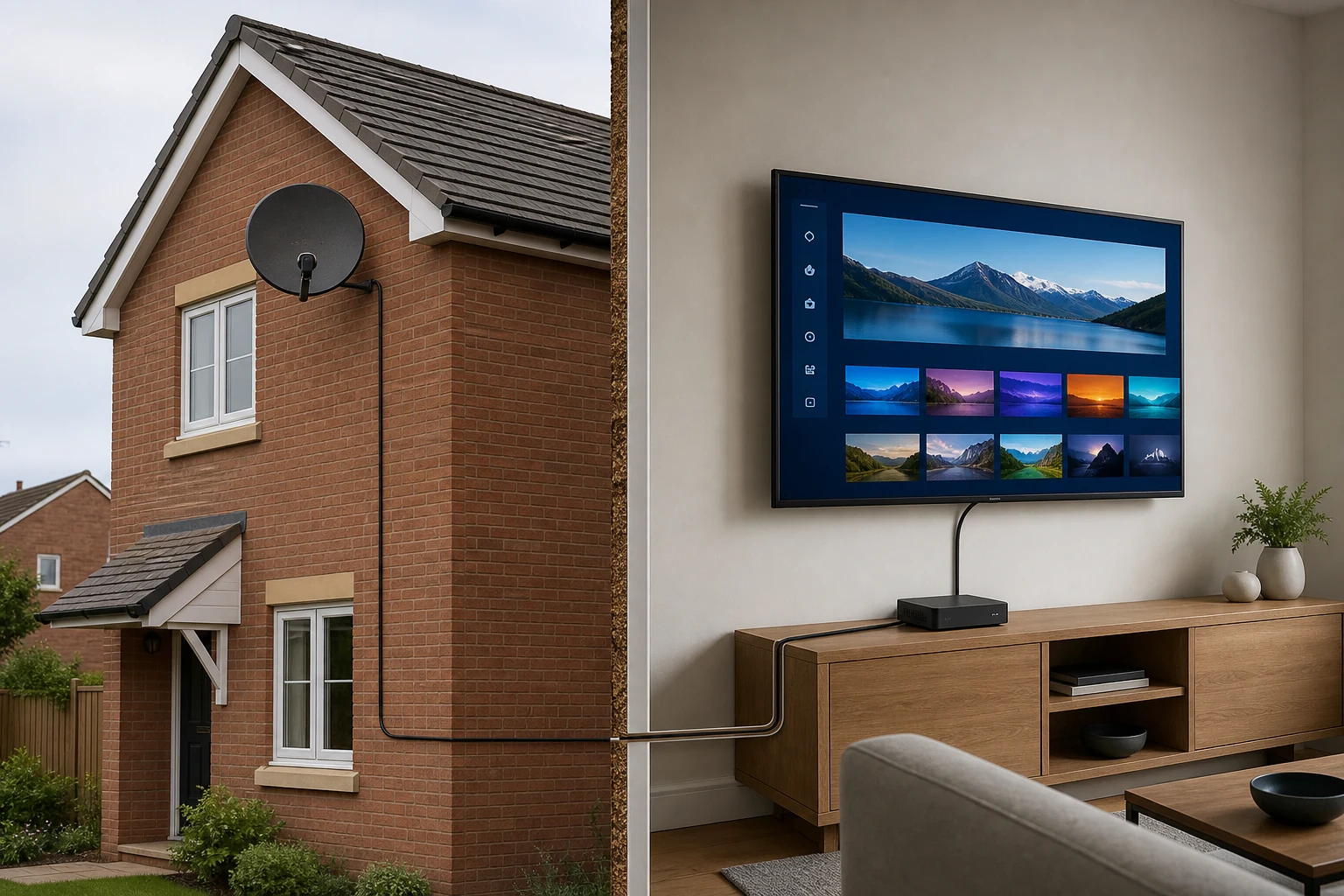 Neatly installed satellite dish on a UK house exterior