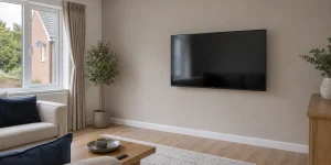 Wall-mounted smart TV in a tidy UK living room with a satellite dish visible outside