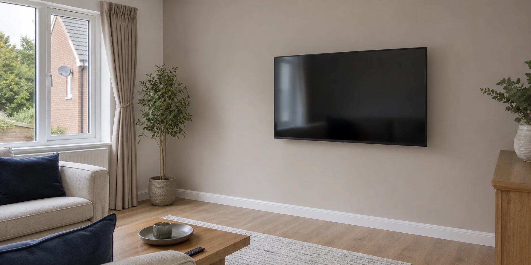 Wall-mounted smart TV in a tidy UK living room with a satellite dish visible outside